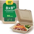 thumbnail image 1 of Airdown Compostable Clamshell Food Containers for Takeout - Heavy-Duty Quality. Made from Natural Sugar Cane Fibers, Eco-Friendly & Biodegradable. [8X8", 50-Pack], 1 of 6