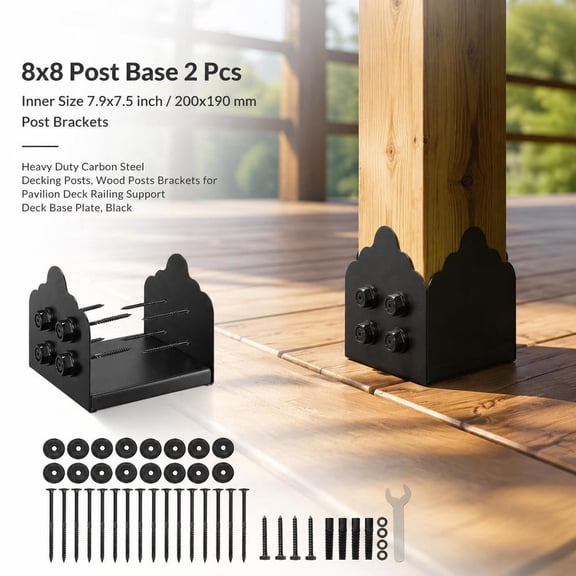 8X8 Post Base, 2 Pcs, Heavy Duty Carbon Steel Deck Post Brackets, 7.9X7.5 in Inner Size, Black