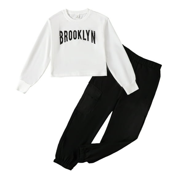 8Y Big Girls Clothes 8Y Girls 2PCS Outfits Set Letter Print Big Girls Long Sleeve Round Neck Top Pants Set White