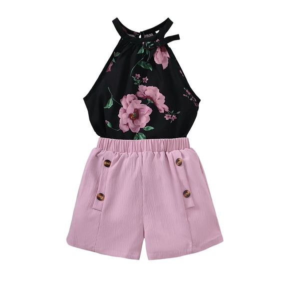 8Y Big Girls Clothes 8Y Girls 2PCS Summer Outfits Set Flower Print Off-the-shoulder Big Girls Sleeveless Halter Top Shorts Set Pink