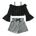 thumbnail image 1 of 8Y Big Girls Clothes Big Girls Outfits 8-9 Years Girls Long Sleeve Off-the-shoulder Suspender Top Stripe Shorts 2PCS Clothing Set Black, 1 of 8