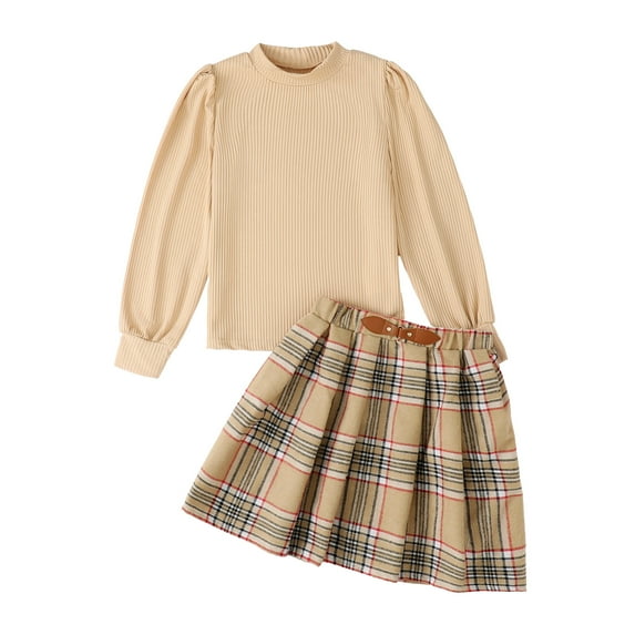 8Y Big Girls Clothes Big Girls Outfits 9 Years Girls Long Sleeve Solid Color Top Plaid Skirt 2PCS Girls Fall Winter Clothing Set Khaki