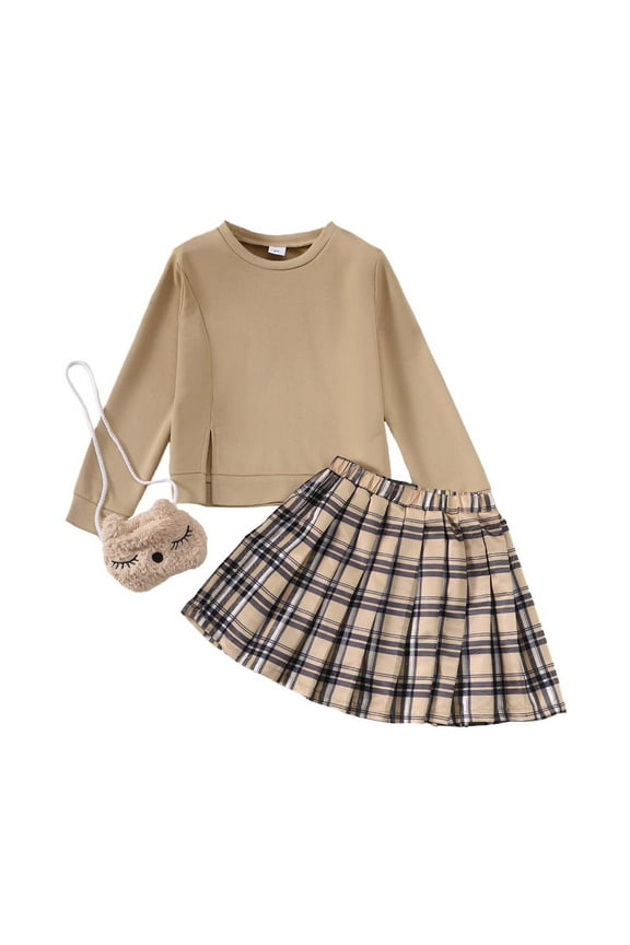 8Y Big Girls Clothes Big Girls Outfits Long Sleeve Top Plaid Skirt 2PCS Set Khaki