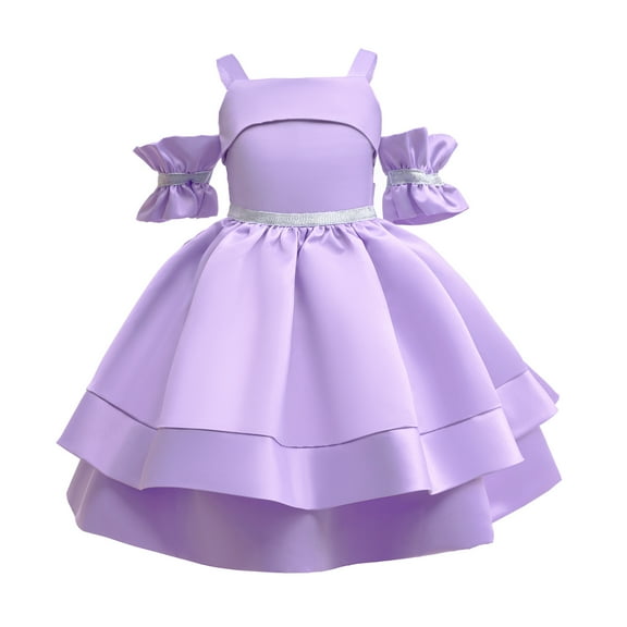 8Y Girls Dress Big Girls Princess Dress Off-the-shoulder Party Dress 9Y Big Girls Solid Color Suspender Dress Purple