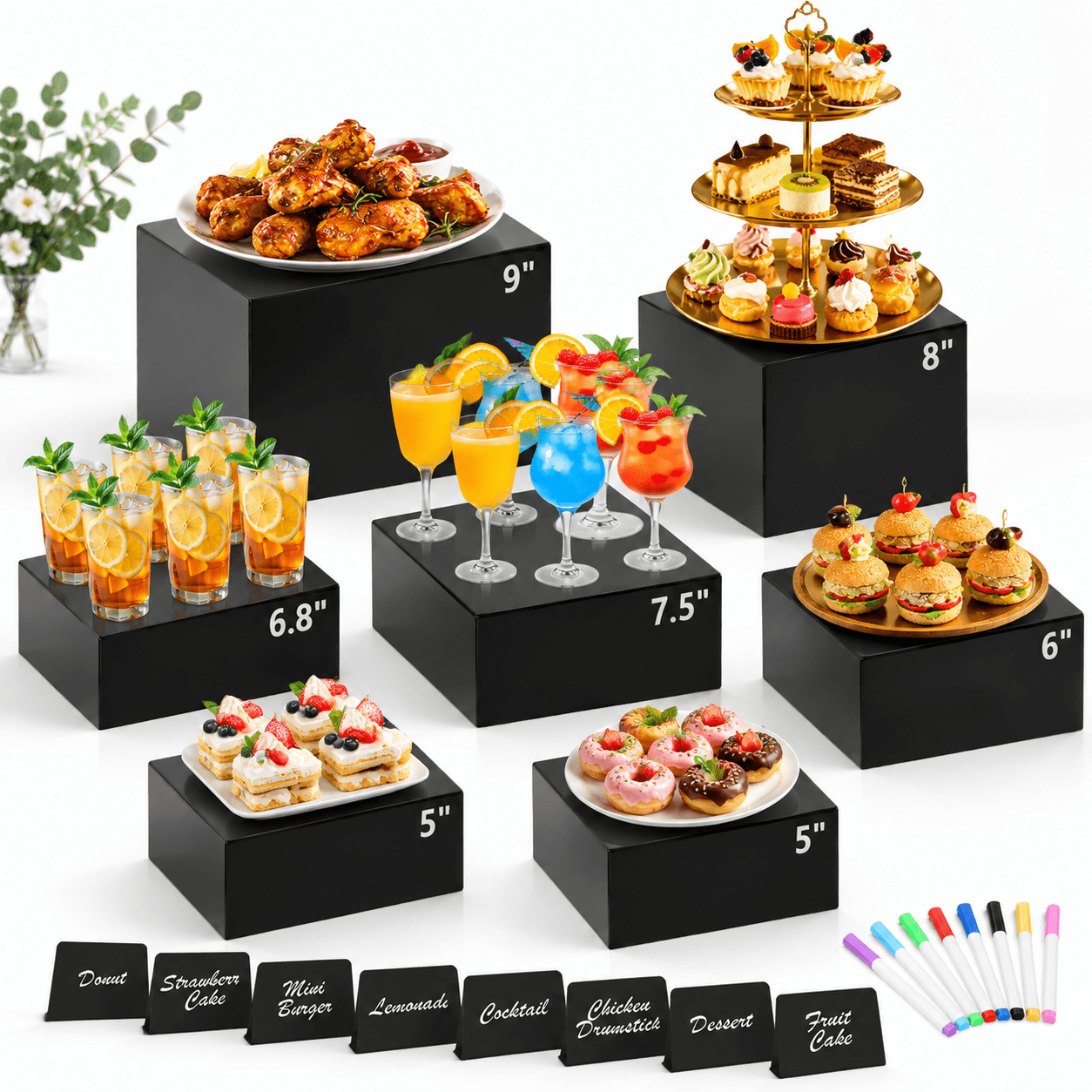 8black Buffet Risers With Mini Sign And Marker For Party Catering ...