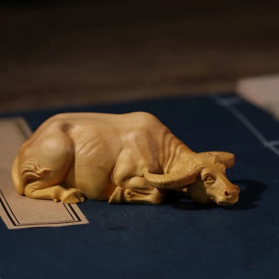 8cm Cypress Wood Zodiac Ox Carving Handheld Ornament Solid Wood Animal Handle Piece Traditional Handicraft Decorative Figurine