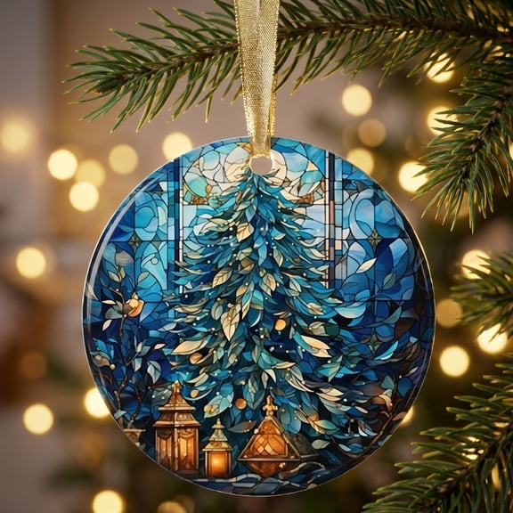 8cm Round Christmas Hanging Ornament, Stained Glass Style Xmas Tree Pendant Layered Visual Effect Matching Hanging Ribbon, Portable Souvenir Car Rearview Mirror Charm for Windows Door Knobs