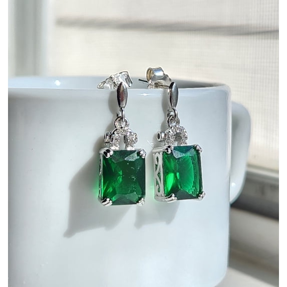 8ct Emerald Lab Created Drop Dangle Stud Earrings 14k White Gold-plate Silver