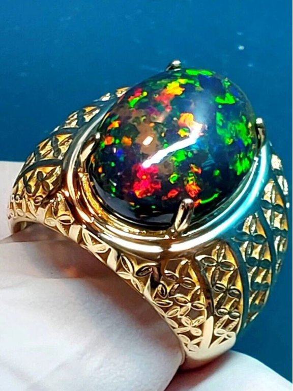 Original Black Fire Australian Fire Opal 10K Yellow Gold Men's Ring, 8.47 ct