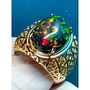ARENAGEMSJEWELLERY 8ct Original Black Fire Australian Fire Opal Handmade 10K Gold Plated Large Men's Ring