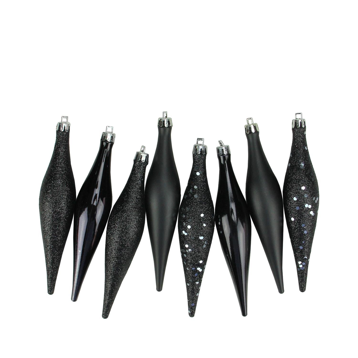 Jet Black Shatterproof 4-Finish Finial Drop Christmas Ornaments Set