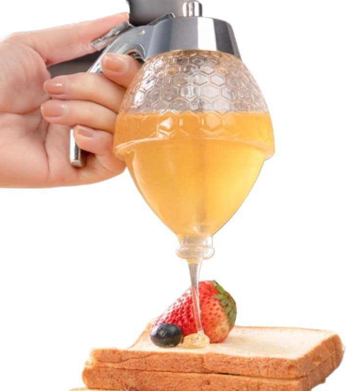 8fl oz Honey Dispenser with Stand – No-Drip Chrome-Plated ABS Lid, Honeycomb Design Jar for Honey, Maple Syrup