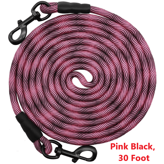 8ft 12ft 20ft 30ft 50ft 75ft Dog Tie-Out Long Tether Rope Leash, Outdoor Yard Leash- Large Medium Small Dogs Training, Playing, Camping, Backyard (Pink Black, 30 Foot)