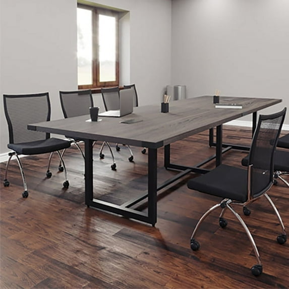 8ft - 16ft Modern Conference Room Table and Chairs Set with Metal & Mesh (Stone Gray w/ Silver Metal, 10ft Table & 8 Chairs & 0 PM)