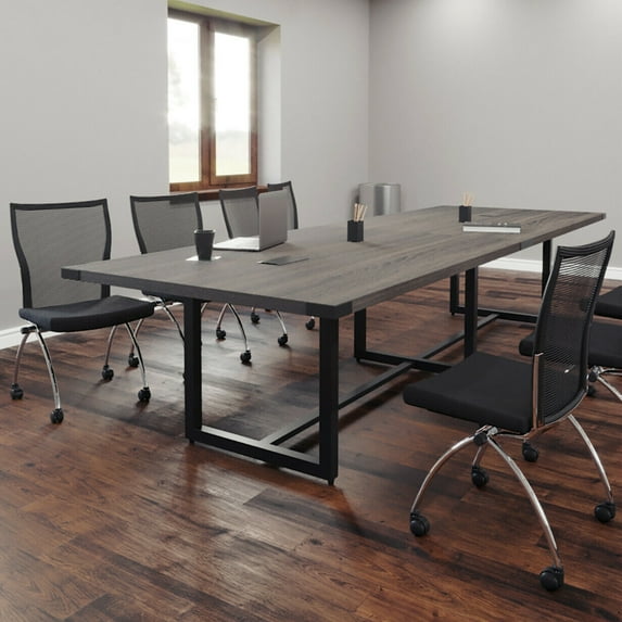 8ft - 16ft Modern Conference Room Table and Chairs Set with Metal & Mesh (Stone Gray w/ Silver Metal, 16ft Table & 14 Chairs & 0 PM)