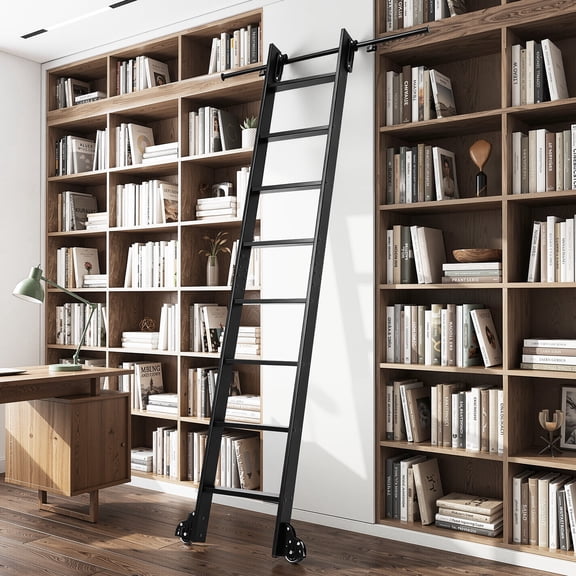 8ft Aluminium Rolling Library Step Ladder 96" with 4FT Sliding Hardware Track Kit Bottom Wheel Included,for Kitchen,Loft,Warehouses,Bookstore,Atti,Dressing Room,330lbs Capacity