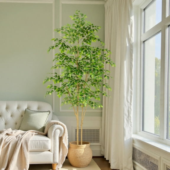 RosyHaven 8ft  Real Touch Artificial Ficus Tree , 96"Resistant UV Faux Ficus Tree with Waterproof Leaves and Realitic Trunks for Living Room  Bedroom Dining Room Balcony Yard Patio Decor