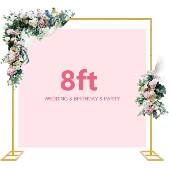 8ft Backdrop Stand Heavy Duty with Base, Golden Portable Adjustable Pipe And Drape Backdrop Stand Kit, Square Metal Arch Party Frame for Wedding Birthday Parties Banquet Decorations