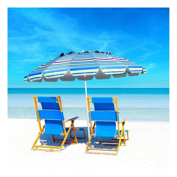 8ft Beach Umbrella with Sand Anchor & Tilt - Portable Sun Shelter for Patio, Poolside & Camping - 16 Rib Fiberglass Frame - UV Protection - Carrying Bag Included