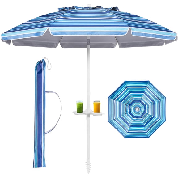 8ft Beach Umbrella with Tray and Tilt Pole Portable Patio Umbrella with Sand Anchor and Carry Bag Outdoor UPF 50+ Sun Shelter with Air Vents Design (Navy Blue)