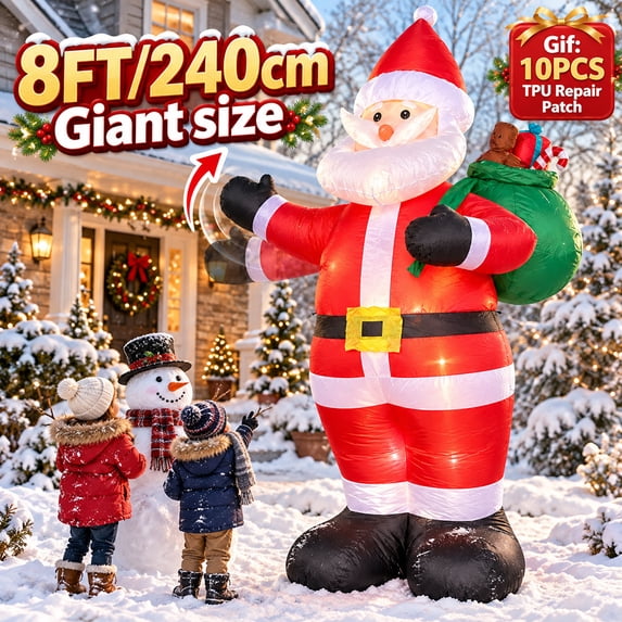 8ft Christmas Inflatable Waving Santa with Gift Bag & LED Lights, Outdoor Indoor Xmas Decoration for Yard, Garden & Christmas Holiday Party