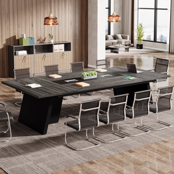 8ft Conference Table for 810 People Large Office Meeting Table with Cable Management, Walnut & Black Executive Boardroom Desk