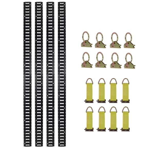 8ft E Track Tie-Down Rail Kit, 4 Pack Steel E-Track Rails with 8 O-Ring Anchors & 8 Rope Tie Offs, Cargo Securing System for Trailer Van Garage, Max Load 2000 lbs, Black