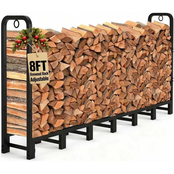 8ft Firewood Log Rack Outdoor Heavy Duty Logs Holder for Fireplace Indoor Outdoor Adjustable Wood Racks for Fire Wood Holder Metal Pile Stand Storage Stacker Organizer Black