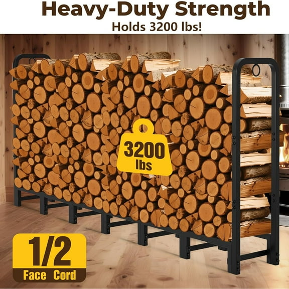 8ft Firewood Log Rack Outdoor Heavy Duty Logs Holder for Fireplace Indoor Outdoor Adjustable Wood Racks for Fire Wood Holder Metal Pile Stand Storage Stacker Organizer Black