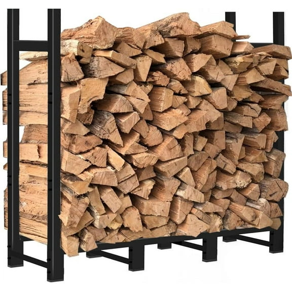 8ft Firewood Rack Outdoor Adjustable Heavy Duty Wood Rack Fire Wood Holder for Indoor Storage Fireplace Metal Lumber Organizer Wood Stand Stacker, Black