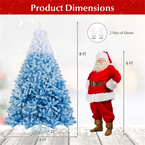 8ft Flocked Christmas Tree (White&Blue) - 1774 Branch Tips, Fireproof PVC, 4-Section Assembly, 22" Metal Stand