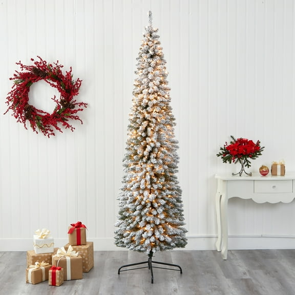 8ft. Flocked Pencil Artificial Christmas Tree with 500 Clear Lights and 646 Bendable Branches