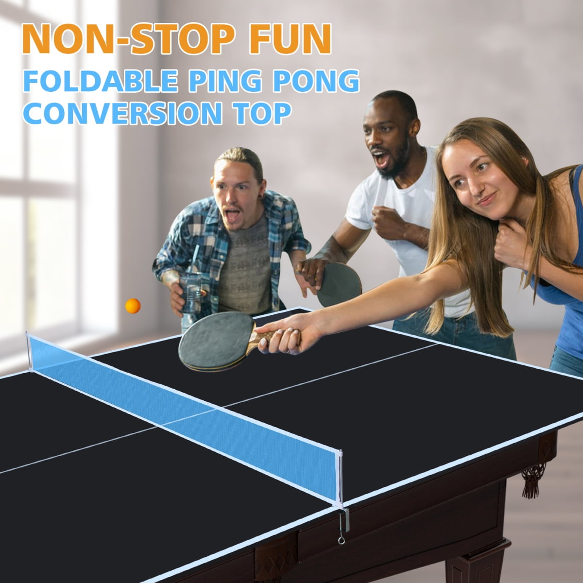 8ft Foldable Ping Pong Conversion Top – Portable Black Table Tennis Table Top for Indoor Games
