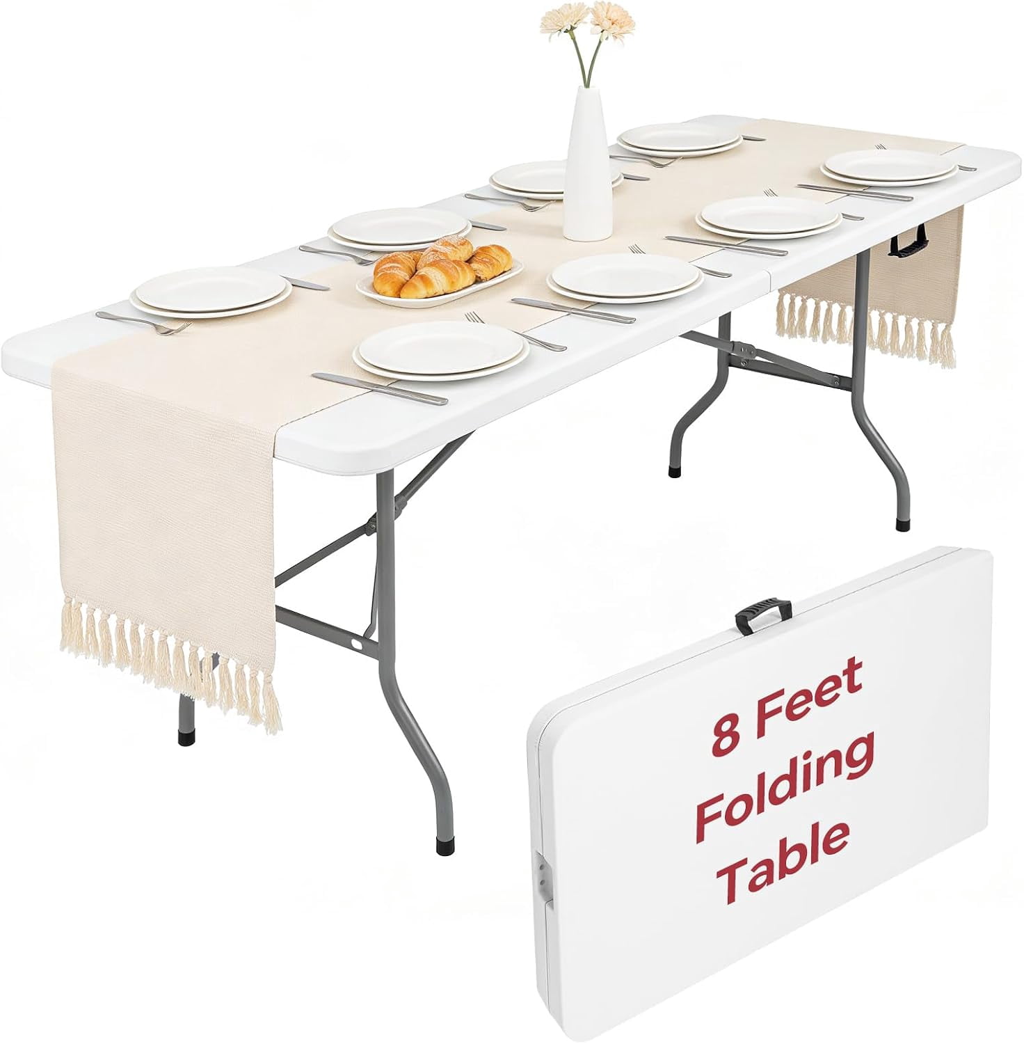 Portable Rectugaler Table 8ft Folding Table, Heavy Duty White Large Portable Foldable Table ...