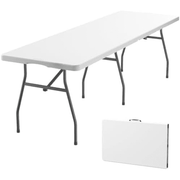 8ft Folding Table with Six Legs, 500 LBS Heavy Duty Plastic Fold-in-Half Table, Foldable Table w/Handle for Indoor Outdoor Party Wedding Office Camping Banquet, White Zeta X8 Pro$$Furniture