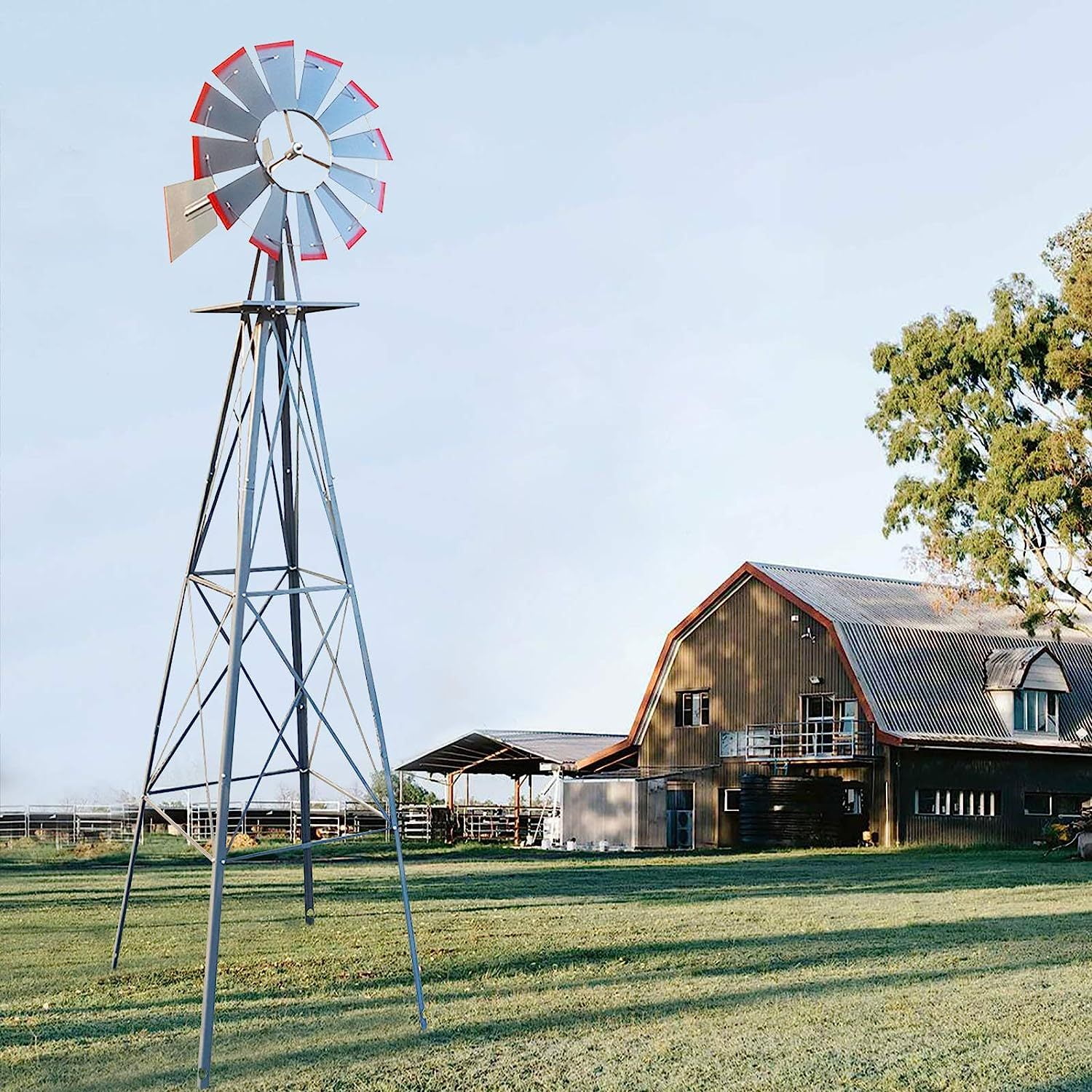 8ft Gray Metal Garden Windmill with Weather Vane
