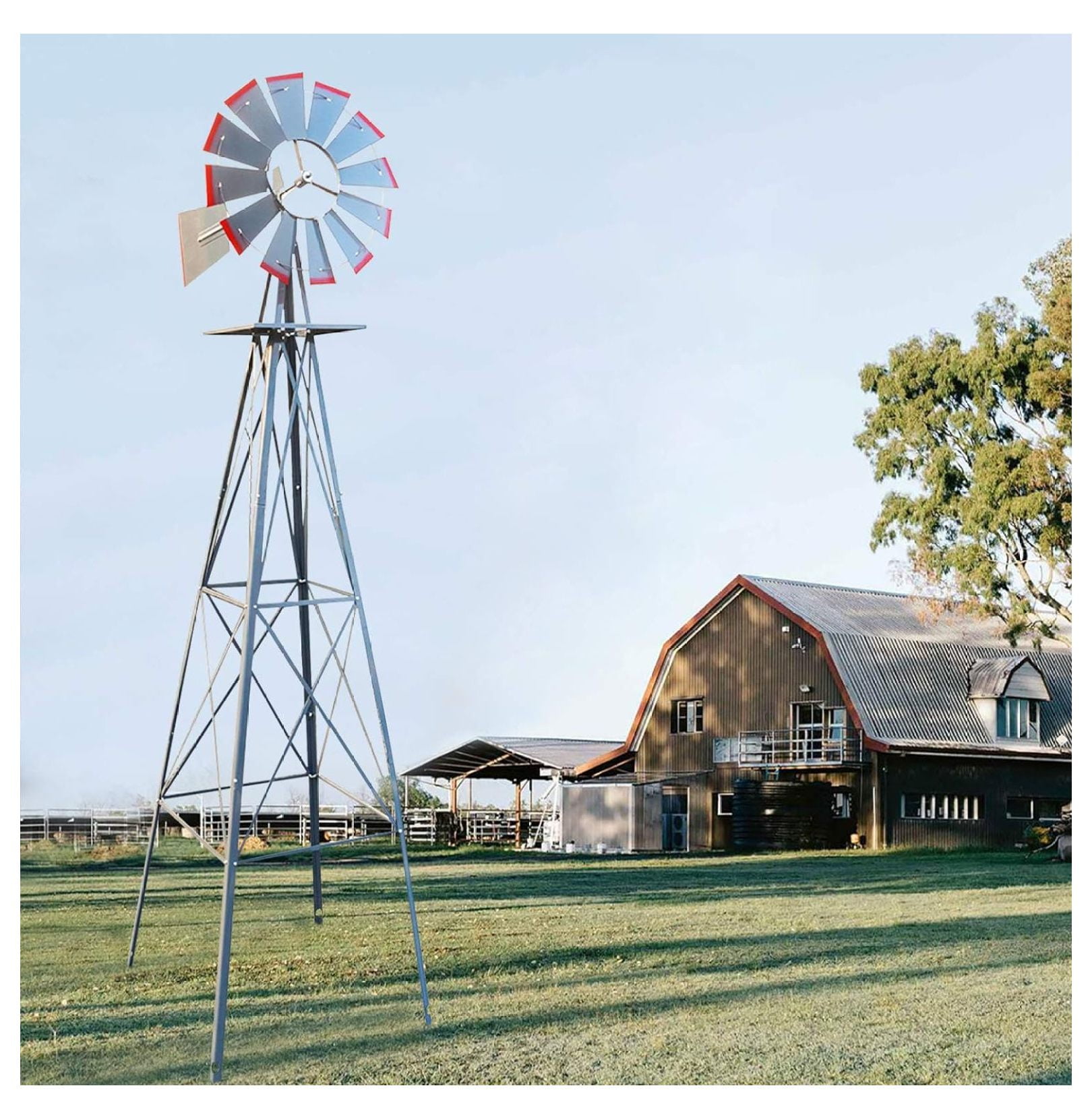 8ft Gray Metal Garden Windmill with Weather Vane