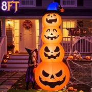 Qunler  8ft Halloween Pumpkin Stack Inflatable Decoration with Witch Hat, Polyester Material Lighted Blow up Yard Decor for Outdoor Lawn Garden