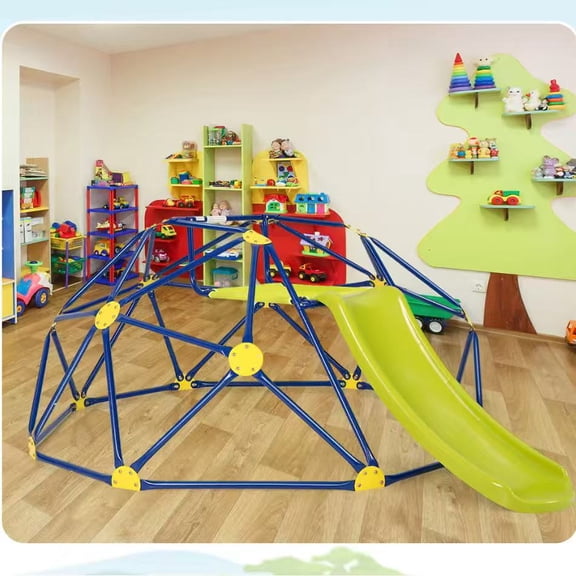 8ft Heavy-Duty Kids Climbing Dome with Slide, Outdoor/ Jungle Gym Playset - 400 Capacity, Blue/Green/Yellow All-Weather Play, Powder-Coated Frame, Multi-Activity Climber for & Backyard, Park