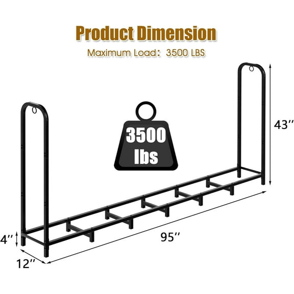 8ft Heavy Duty Metal Firewood Rack -  Outdoor Wood Storage Organizer, Black
