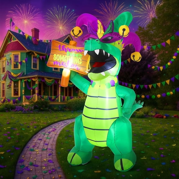 8ft Huge Mardi Gras Alligator Inflatable Mardi Gras Inflatable Outdoor Decoration Crocodile with Crown Mask Necklace LED Lights Blow up for Yard Garden Lawn Carnival Outdoor Celebration Decor