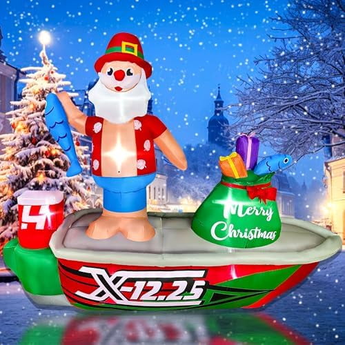 8ft Inflatable Christmas Santa Claus Standing on a Fishing Boat with Gift Bag Lighted Blow Up Decortion, LED Blow Up Lighted Decor Indoor Outdoor Holiday Decor$$Garden & Patio