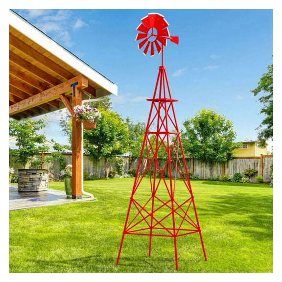 8ft Metal Windmill Outdoor Decor - Weather Resistant Ornamental Wind Wheel Garden Yard Art - Decorative Farmhouse Wind Vane with Ground Stakes - Gray/Green/Red