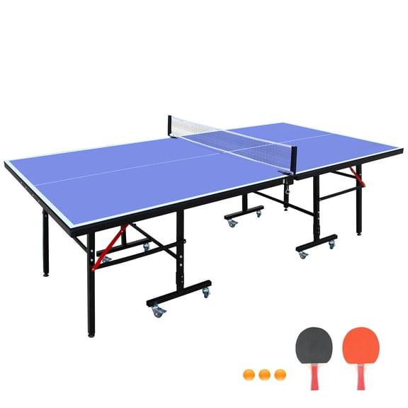 8ft Mid-Size Table Tennis Table Foldable & Portable Ping Pong Table Set for Indoor Games with Net, 2 Paddles, 3 Balls, Blue MDF, Easy Storage Compact Design