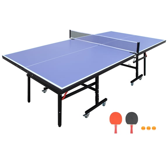 8ft Mid-Size Table Tennis Table Foldable & Portable Ping Pong Table Set for Indoor Games with Net, 2 Paddles and 3 Balls