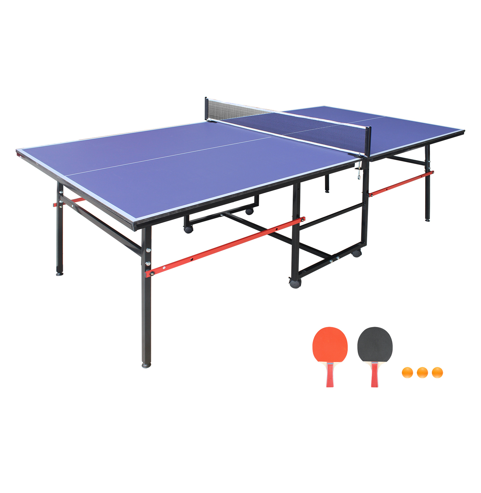 8ft Mid-Size Table Tennis Table Foldable & Portable Ping Pong Table Set for Indoor Games with Net, 2 Table Tennis Paddles and 3 Balls