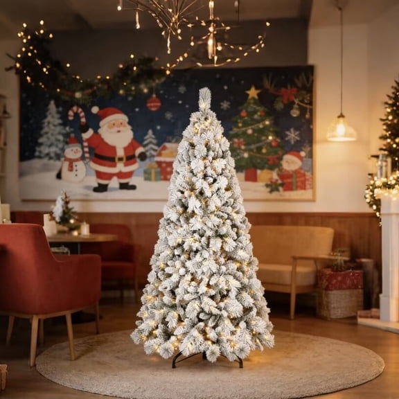 8ft PVC/Hard needle mixed flocked Green+White Christmas Tree – Lifelike Full-Bodied Festive Centerpiece& Warm white LED Lights