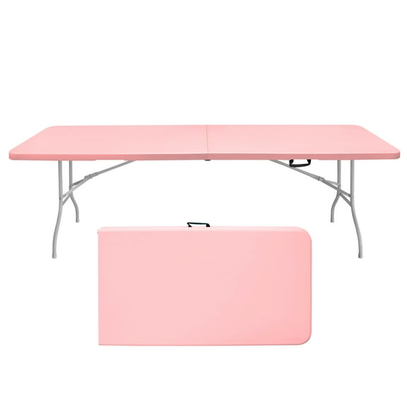 8ft Pink Portable Folding Plastic Table, Waterproof Easy Clean HDPE Tabletop with Steel Frame, Stable Triangular Support Foldable Table for Camping Picnic Party Indoor Outdoor Use