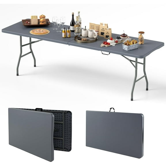 8ft Plastic Folding Table, 350 LBS Outdoor Heavy Duty Folding Tables with HDPE Tabletop, Handle, Lock, Foldable Rectangle Portable Utility Card Table for Picnic, Party, Camping, Dining