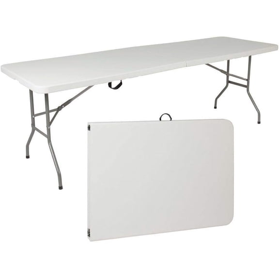 8ft Plastic Folding Table, Fold-in-Half Portable Utility Table Heavy Duty Portable w/Handle, for Indoor Outdoor,Picnic, Party, & Camping (White, 8ft)